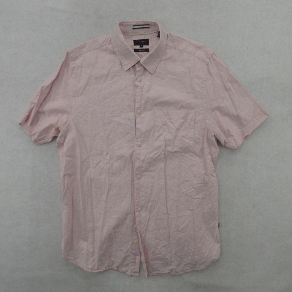Ted Baker Shirt Mens Large Pink Solid Linen Cotton Short Sleeve Button Up Casual